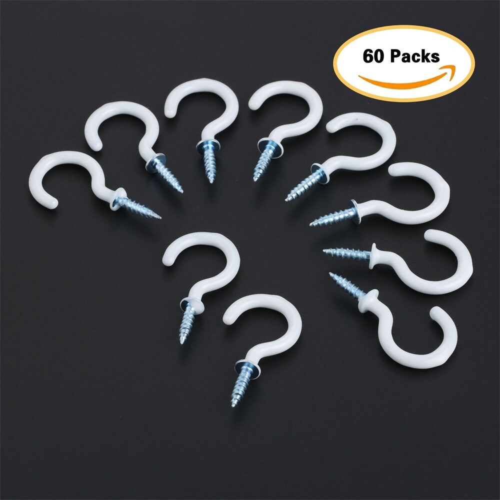 60Pcs 1.54" Strong Sharp White Vinyl Coated Ceiling Hooks Space-saving Hardware