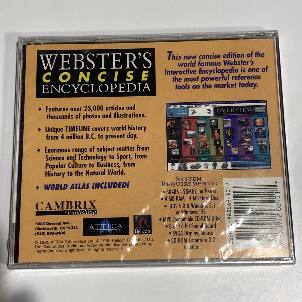 Vintage Cd- Rom For Windows 1995 Webster's Concise Encyclopedia (CD PC) Sealed
