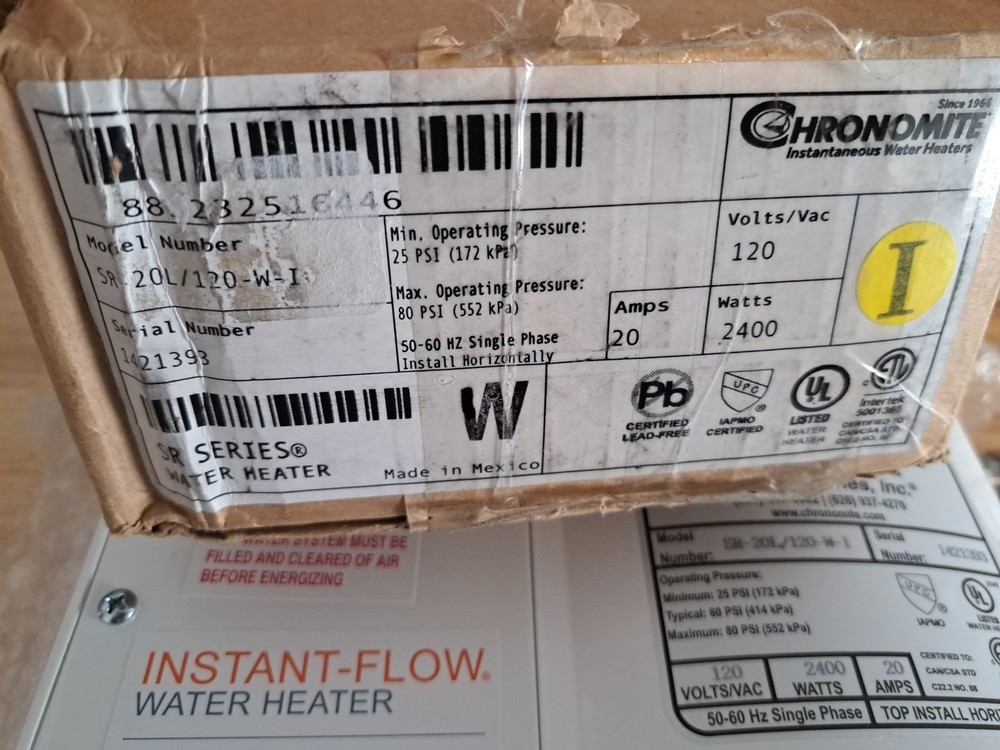 Chronomite SR-20L/120 120-W-I Electric Tankless Water Heater 120V 25 Psi Minimu