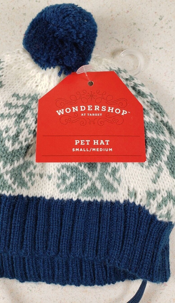 Christmas Dog Hat Blue Pom Pom Adjustable Elastic size Small/Medium