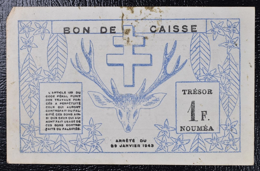 1943 New Caledonia 1 Franc Banknote