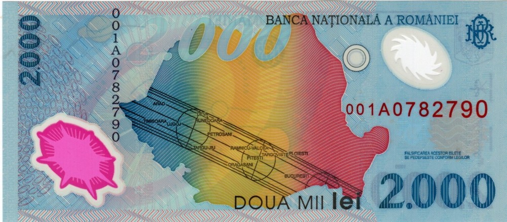 Banknote Romania 2000 Lei 1999 P111b, Polymer, CU