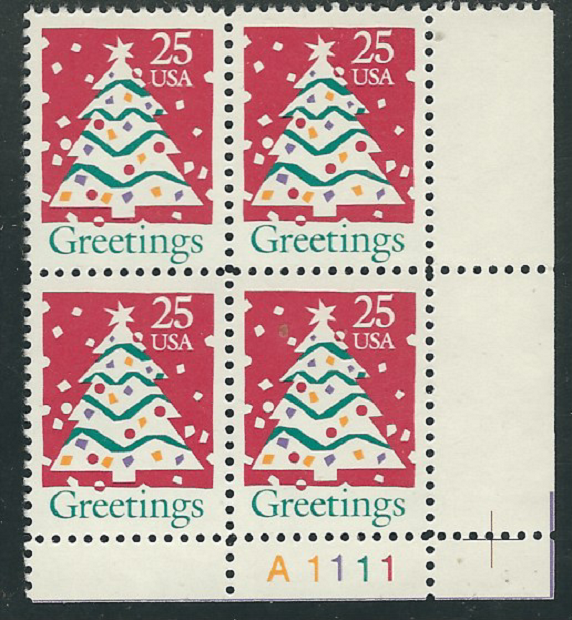 Scott # 2515...25 Cent... Greetings...Plate Block