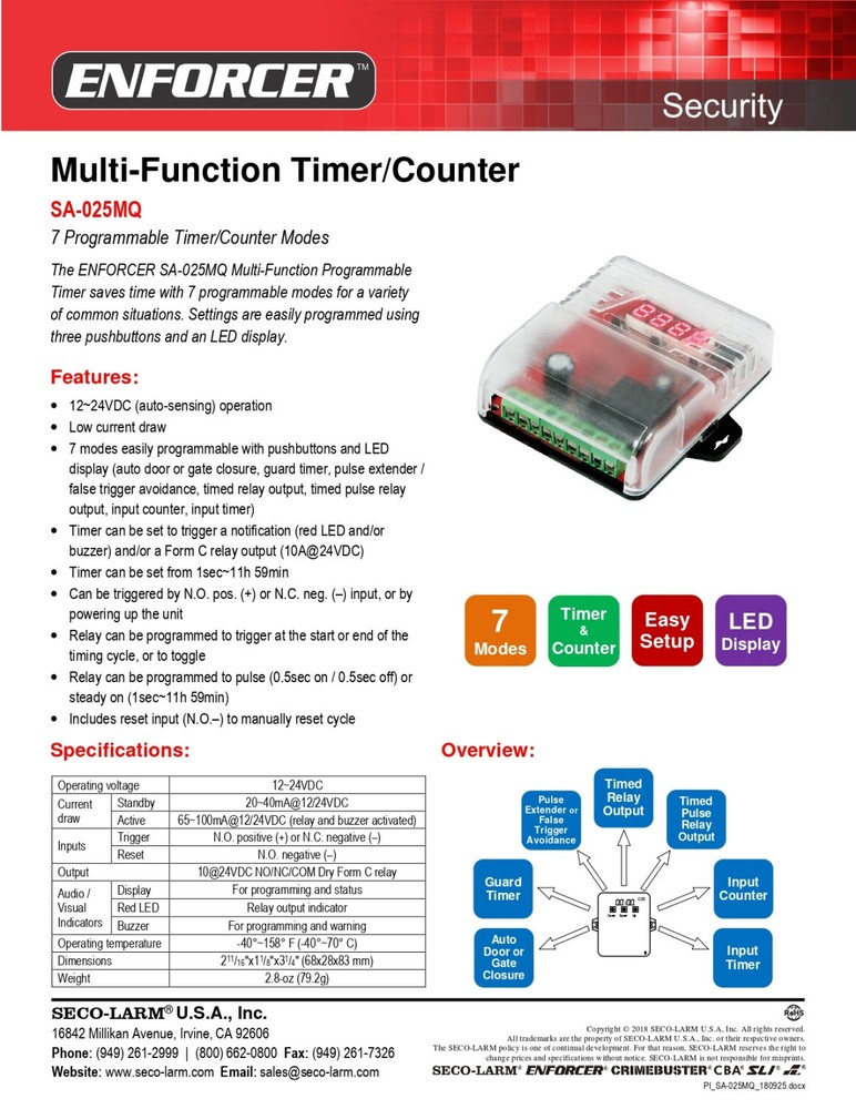Seco-Larm SA-025MQ Multi-Function Timer/Counter, 12 to 24VDC Operation