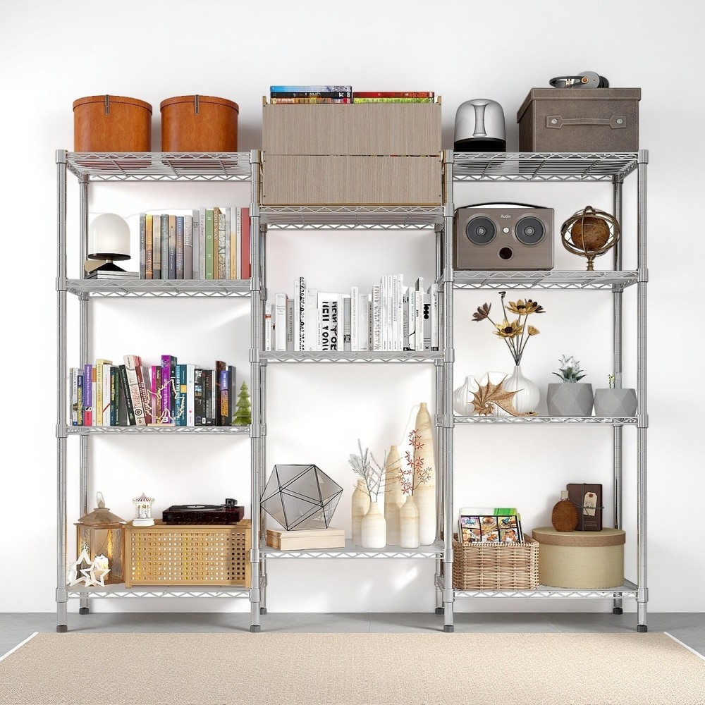 4-Tier Wire Shelving Unit - 3-Column, Heavy Duty, Adjustable, Silver & Modular