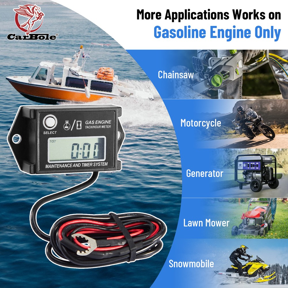Waterproof Digital Tiny Tach Meter Small Engine Tachometer Hour Meter Inductive