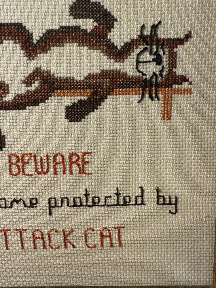 Cross Stitch Cat Picture "Beware This Home Protected By Attack Cat" Framed