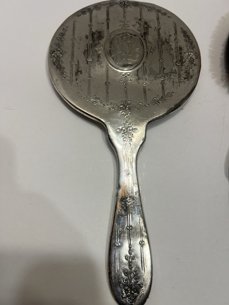 Antique Silver Plated 3 Piece Vanity Set Mirror, Brush & Comb