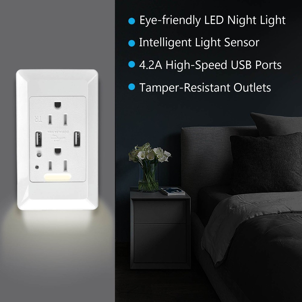 15 x USB Outlet with Night Light,with Power-Saving Auto Nightlight Sensor & Wall