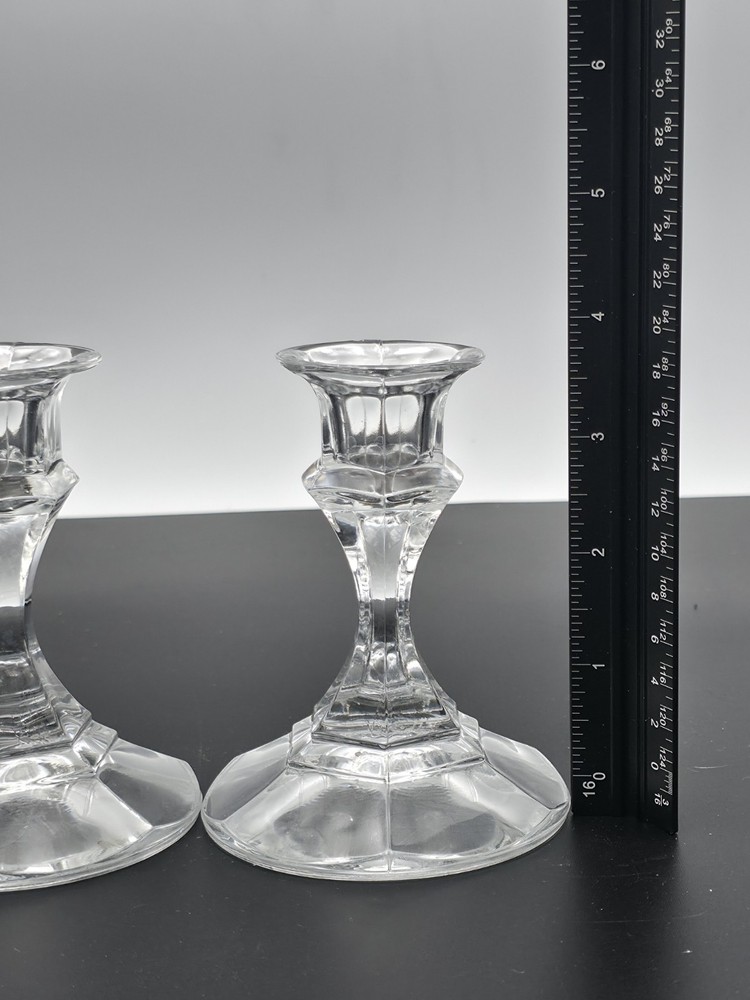 Vintage MCM Pair Solid Clear Glass Taper Candlestick Holders 4" Tall