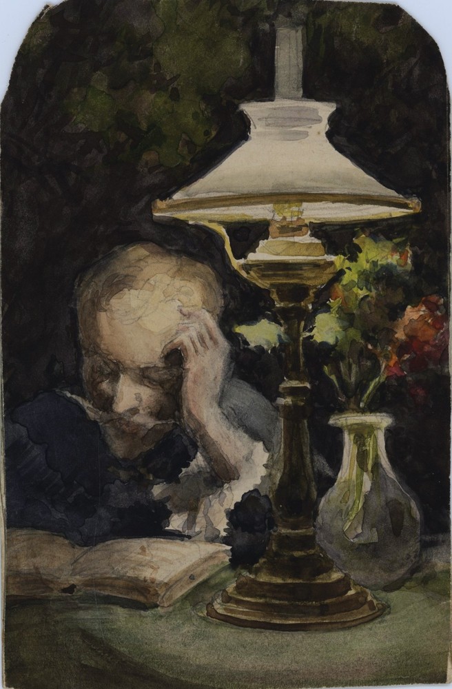 Unknown Reader With Lamp Impressionism Original Watercolour Unsigned 1896