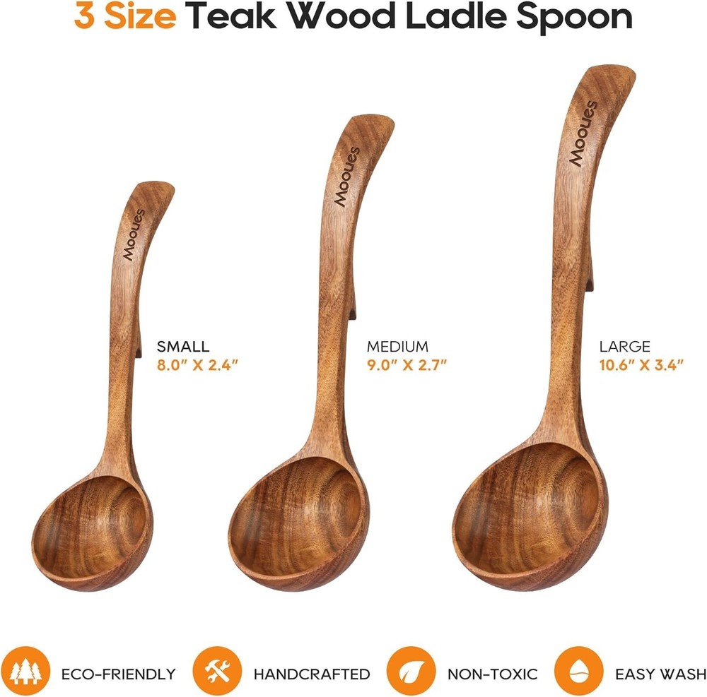 Teak Wood Ladle Set with Back Hooks