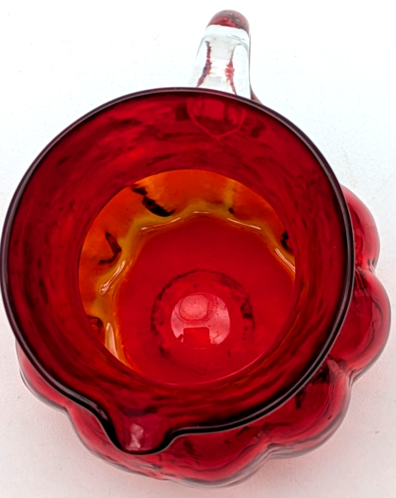 Hand Blown Ruby Red Art Glass Creamer Applied Clear Handle Melon Shape