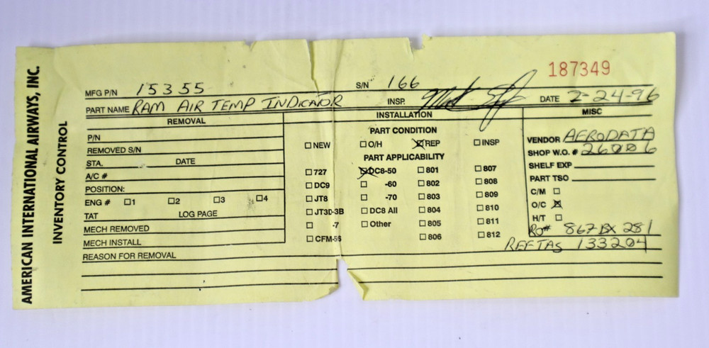 Intercontinental Dynamics 15355 Ram Air Temperature Indicator Repaired with Tag