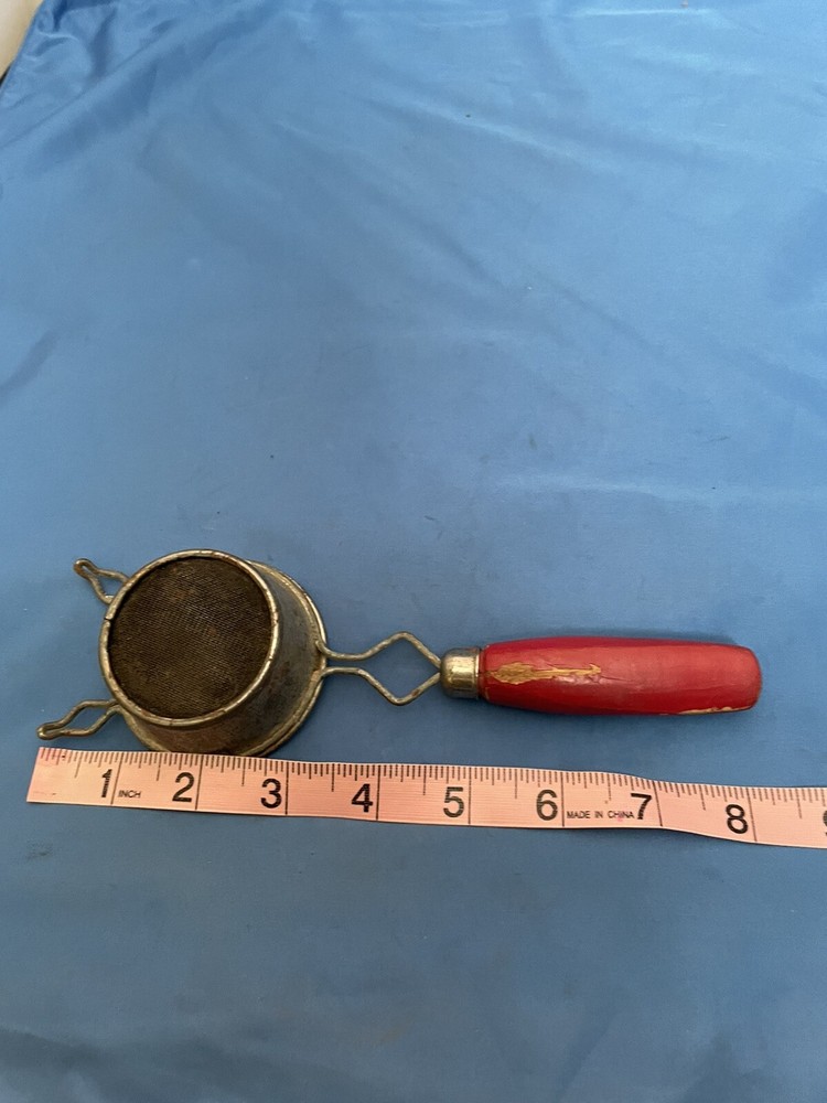 Vtg Primative Hand Strainer/ Red Wood Handle!