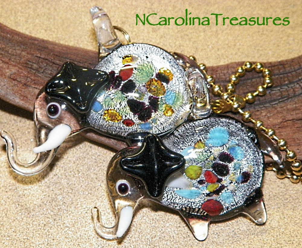 ELEPHANT BLACK SILVER FOIL ART GLASS MULTICOLOR CEILING FAN SWITCH PULL LG PAIR