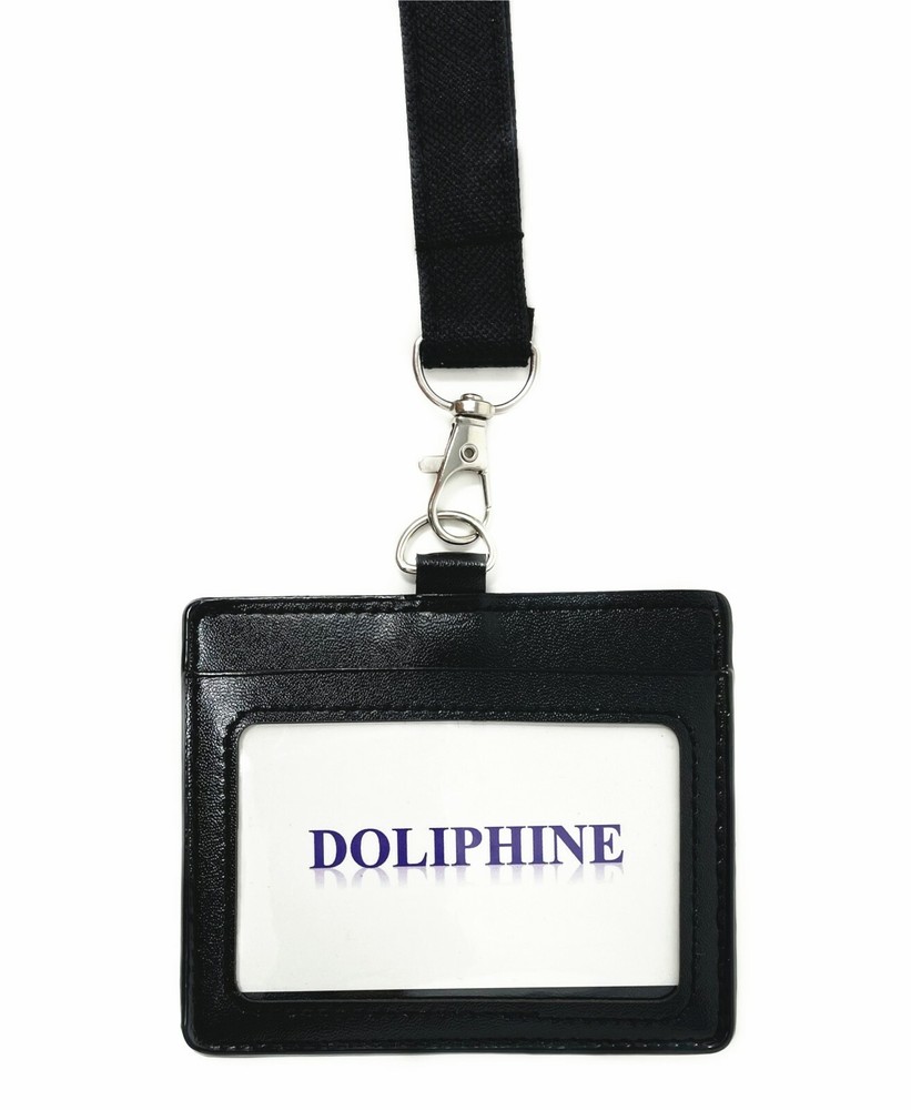 Polyester Fabric Solid Neck Lanyard with horizontal leather ID badge holder