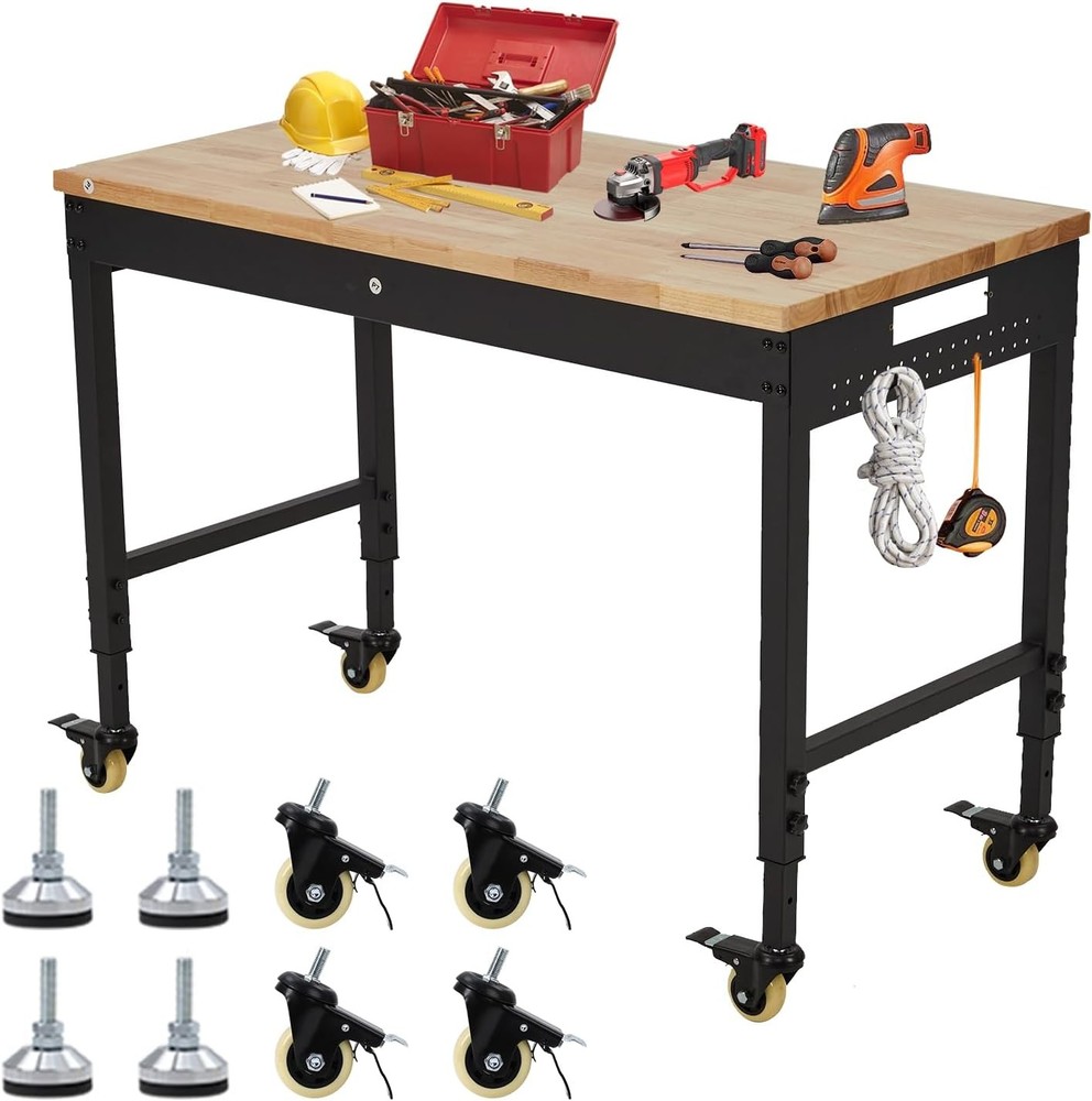 48"x24"Garage Workbench&Wheels&Power Strip Work Table|2000LBS Adjustable Height