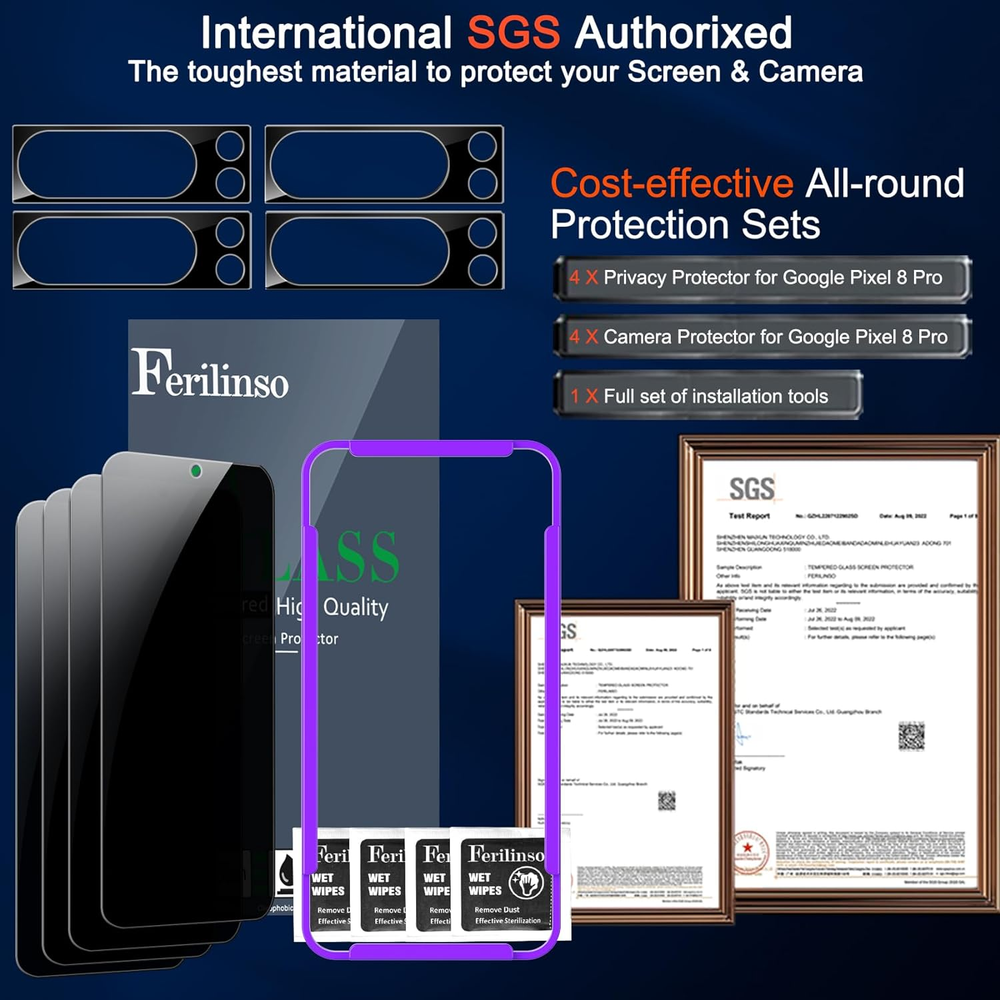 4 Pack Privacy Screen & Tempered Camera Lens Protector for Google Pixel 8 Pro