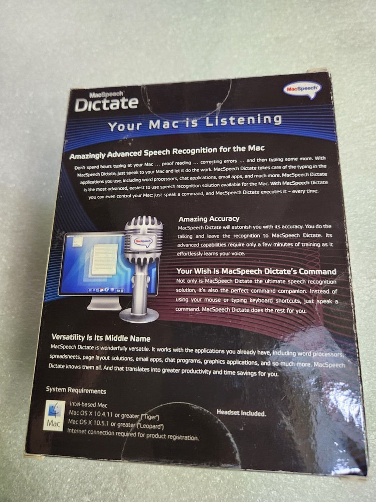 MacSpeech Dictate (Mac)-Dragon-Apple/Intel processor speech dictation OSX 10.5.6
