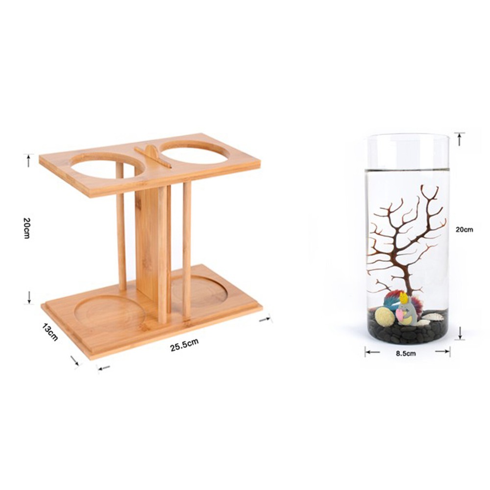 Glass Betta Fish Tank with Bamboo Base and LED Light for Desktop Decor