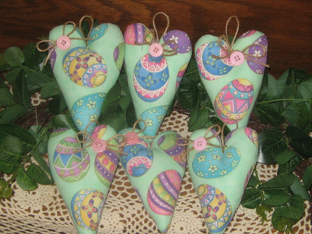 Country Decor 6 Easter Egg Hearts Tree Ornaments Handmade Easter Gifts