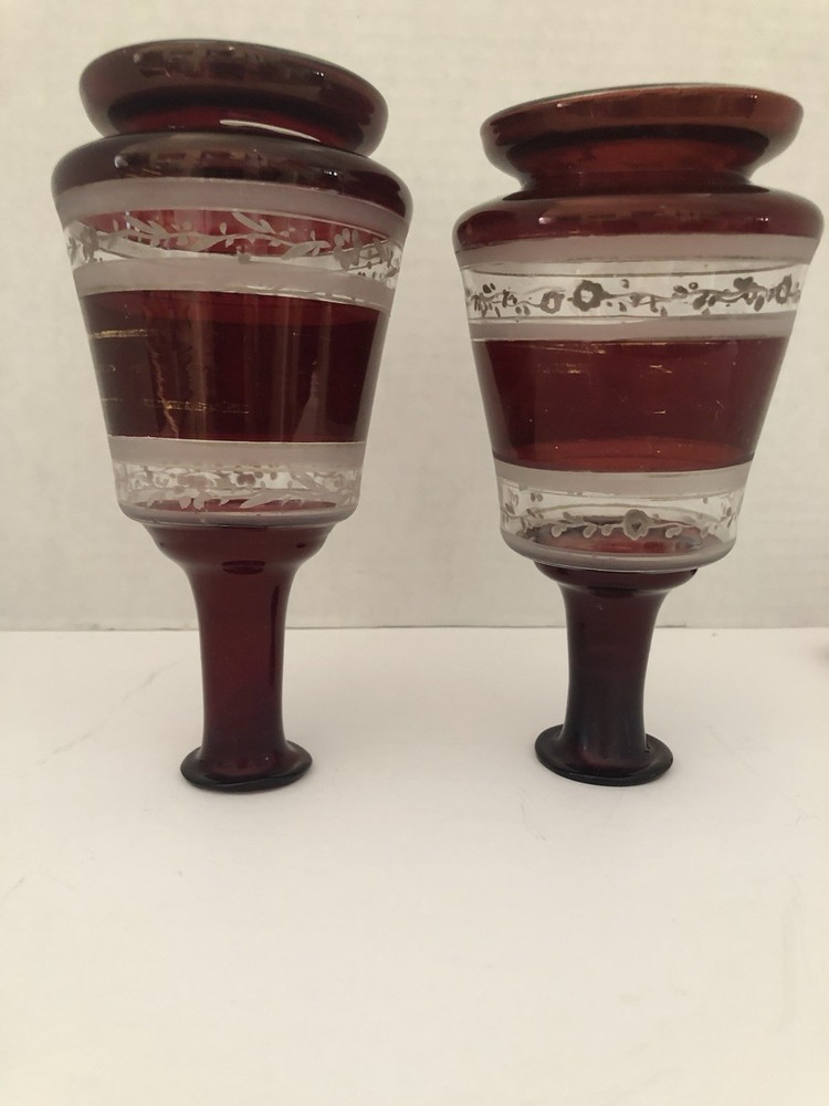Antique Bohemian Hand Blown Ruby Red Perfume Scent Bottles Pair