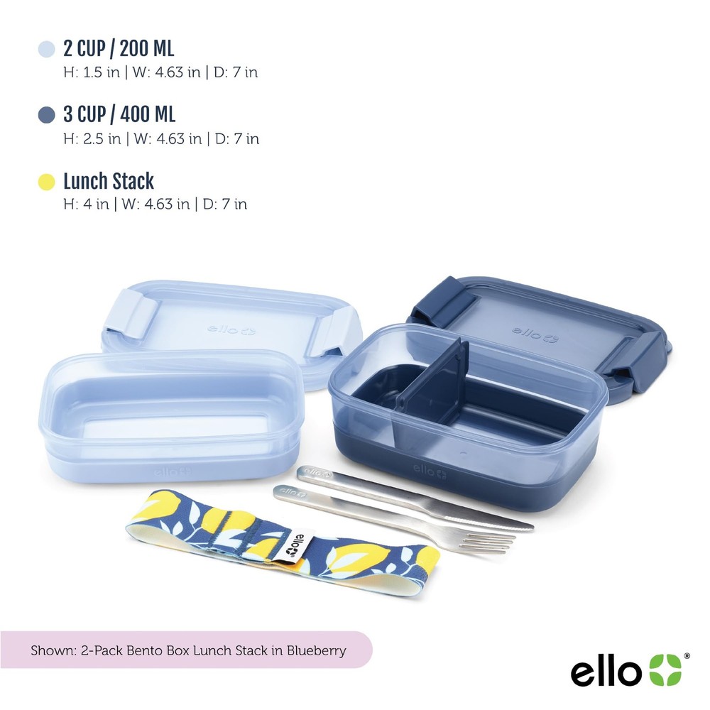 Ello 2-Pack Lunch Stack Plastic Food Storage Container 2 & 3 Cup, Blueberry