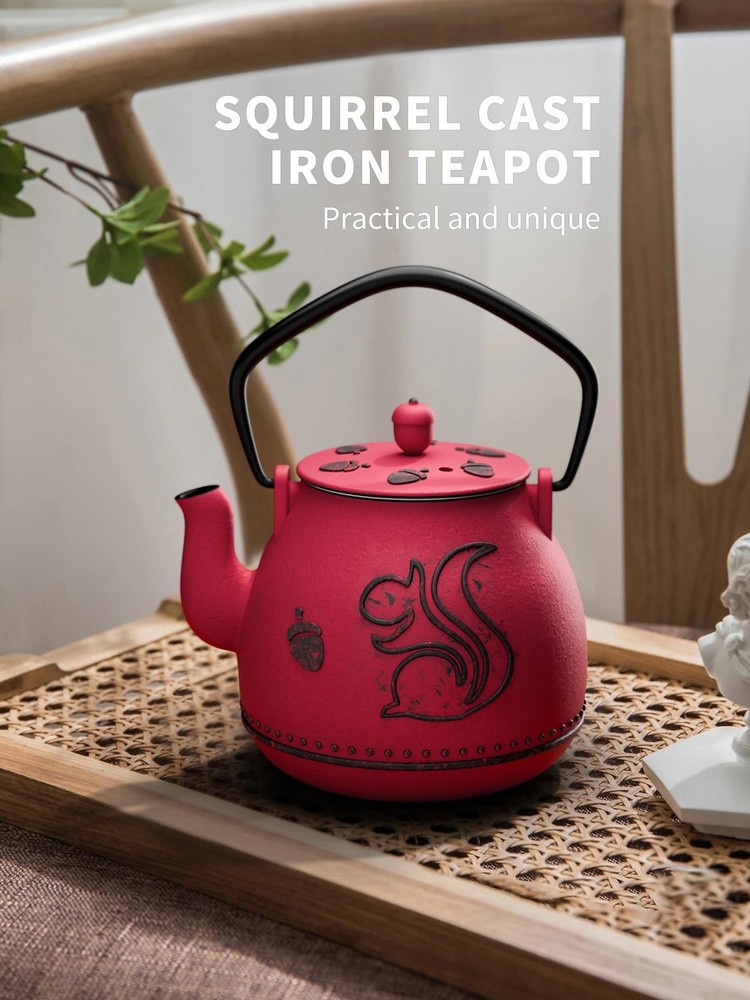 Cast Iron Tea Kettle with Removable Infuser 32 Ounce Squirrel Design Red