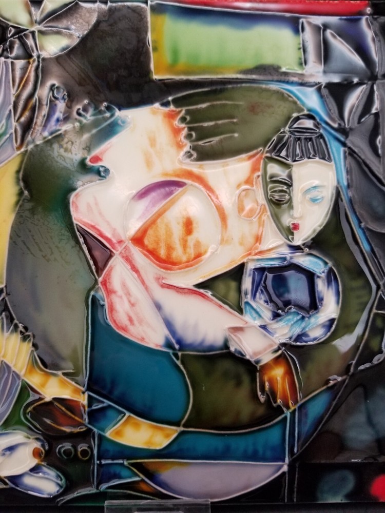 Beautiful hand painted glazed ceramic art tile signed by Yang Yang