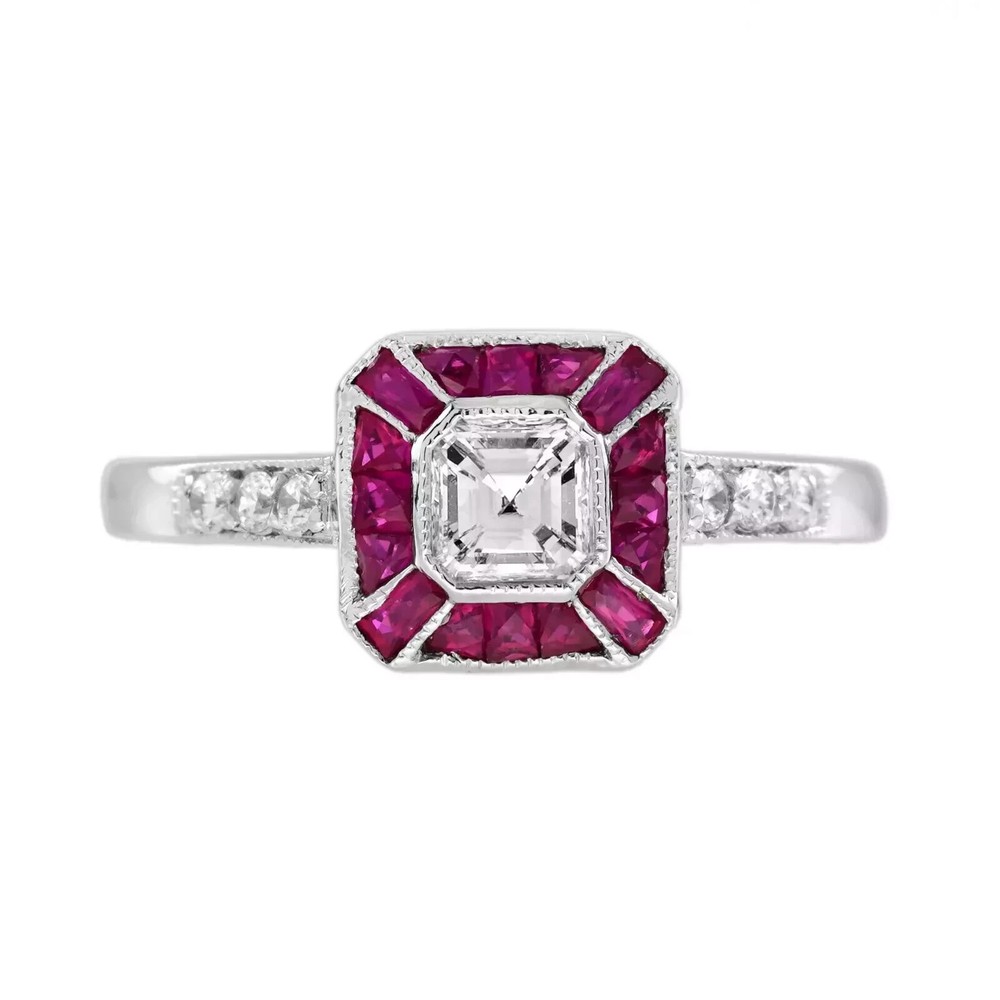 Art Deco Asscher Lab Created Diamond & Ruby Bezel 14K White Gold FN Wedding Ring