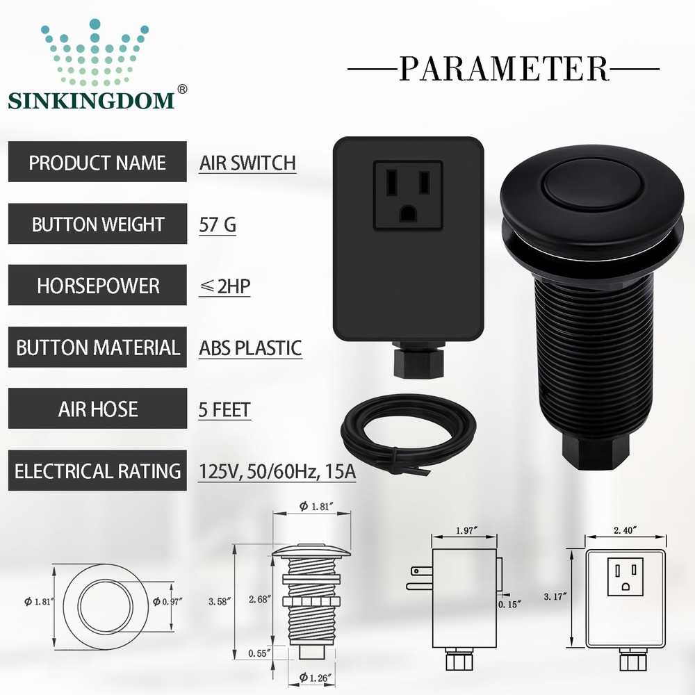 Garbage Disposal Air Switch Kit with Long Button, Matte Black (Brass Cover)