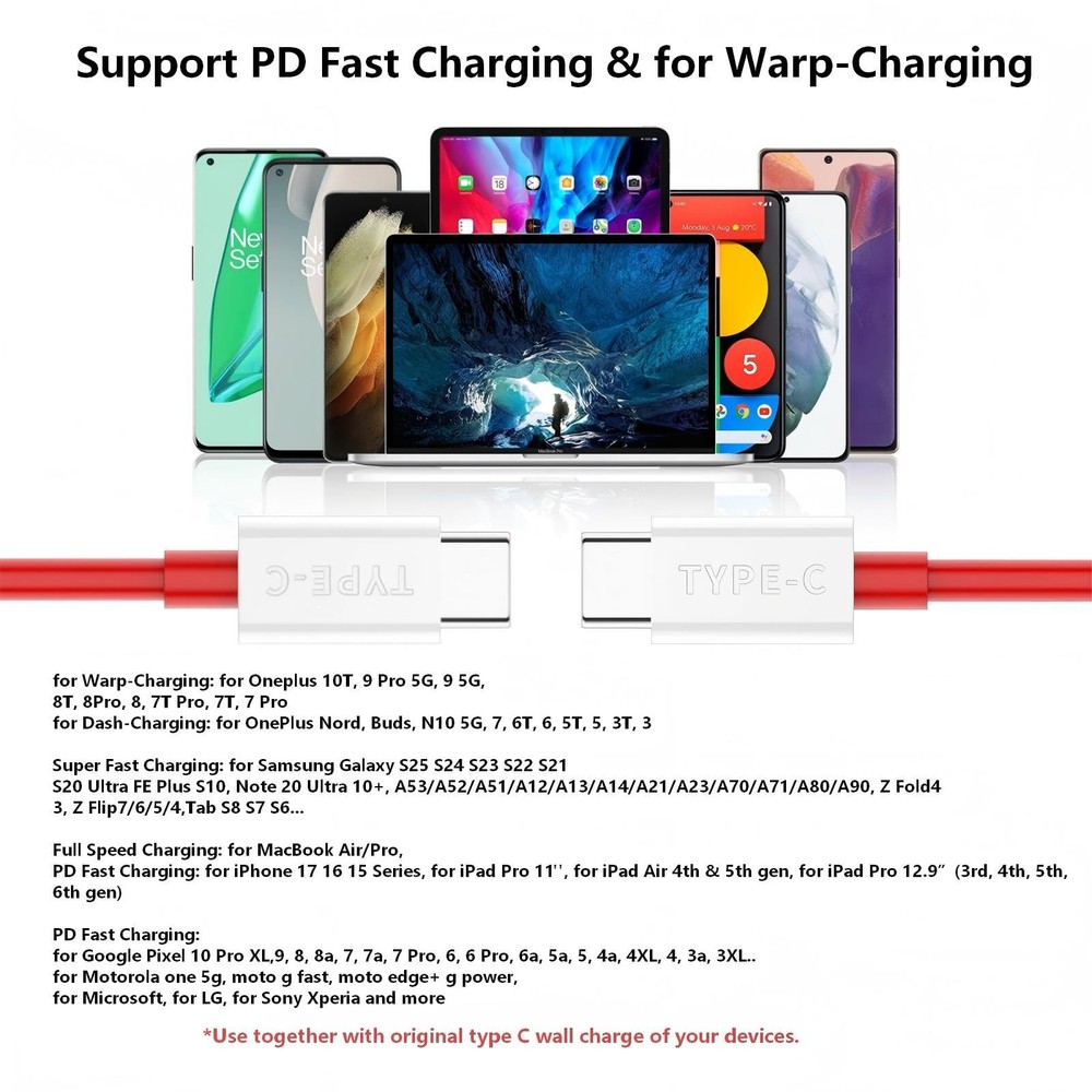 APAPATEK USB-C to Cable for OnePlus 10T 6.6FT, 2-Pack Type C Red
