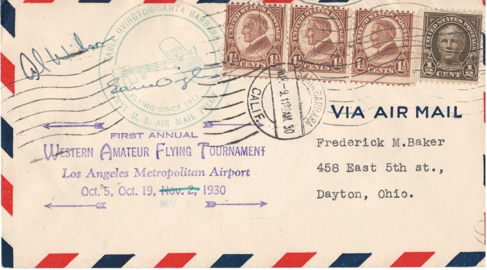 Earle Ovington first air mail pilot signedl envelope honoring flying tournament