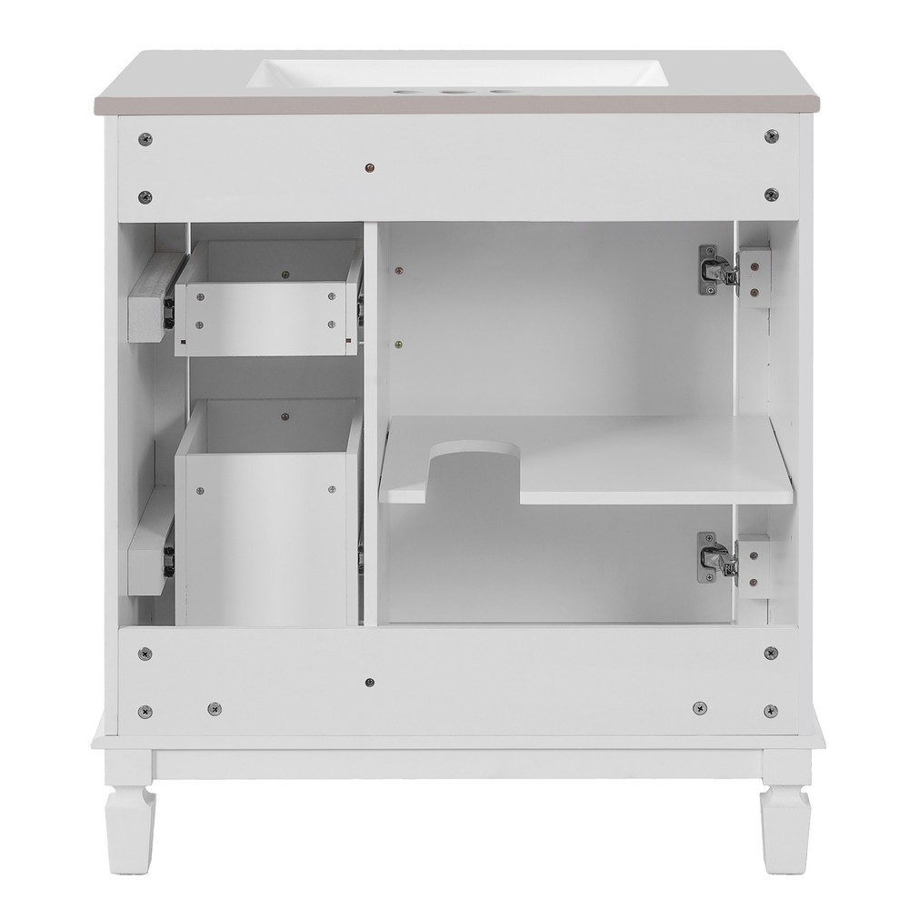 White 30" Bathroom Vanity w/ Ceramic Sink, 2 Drawers, Modern Small Cabinet
