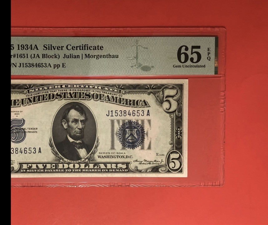 1934A-$5 SILVER CERTIFICATE NOTE,GRADED BY PMG GEM UNCIRCULATED 65 EPQ.