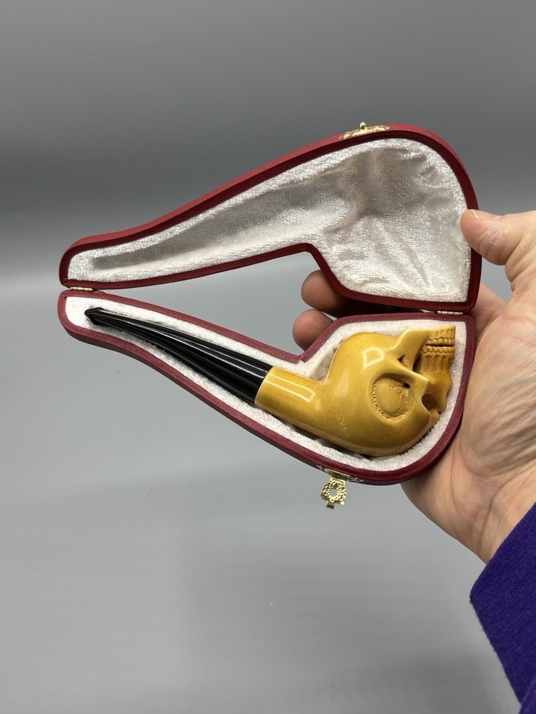 Reverse Skull Pipe Block Meerschaum-NEW HANDMADE W CASE#1657
