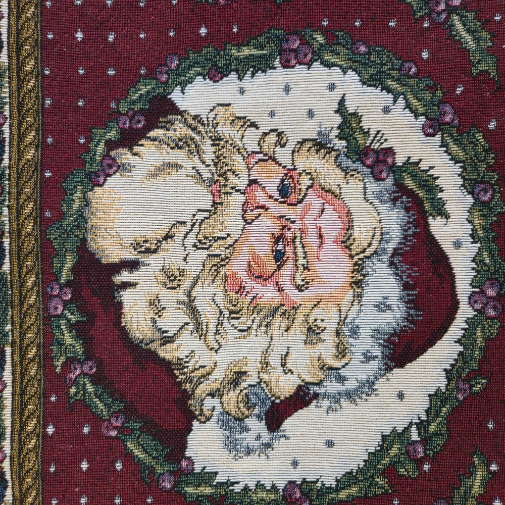 Tapestry Woven Santa Claus Face Table Runner Fringed EUC