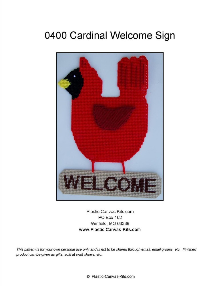 Cardinal Bird Welcome Sign- Plastic Canvas Pattern or Kit