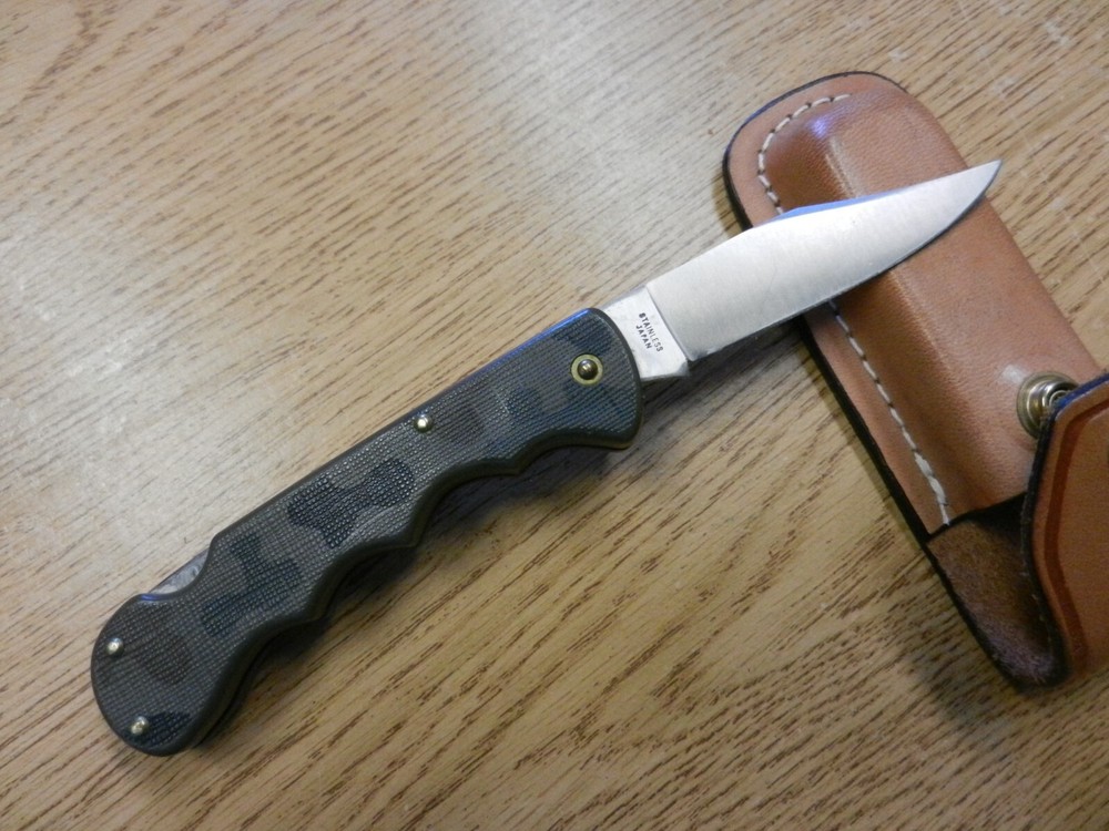 Vintage Sharp P-940 Camo Ciolor Folding Lock Back Knife W/ Leather Sheath 4 1/2"