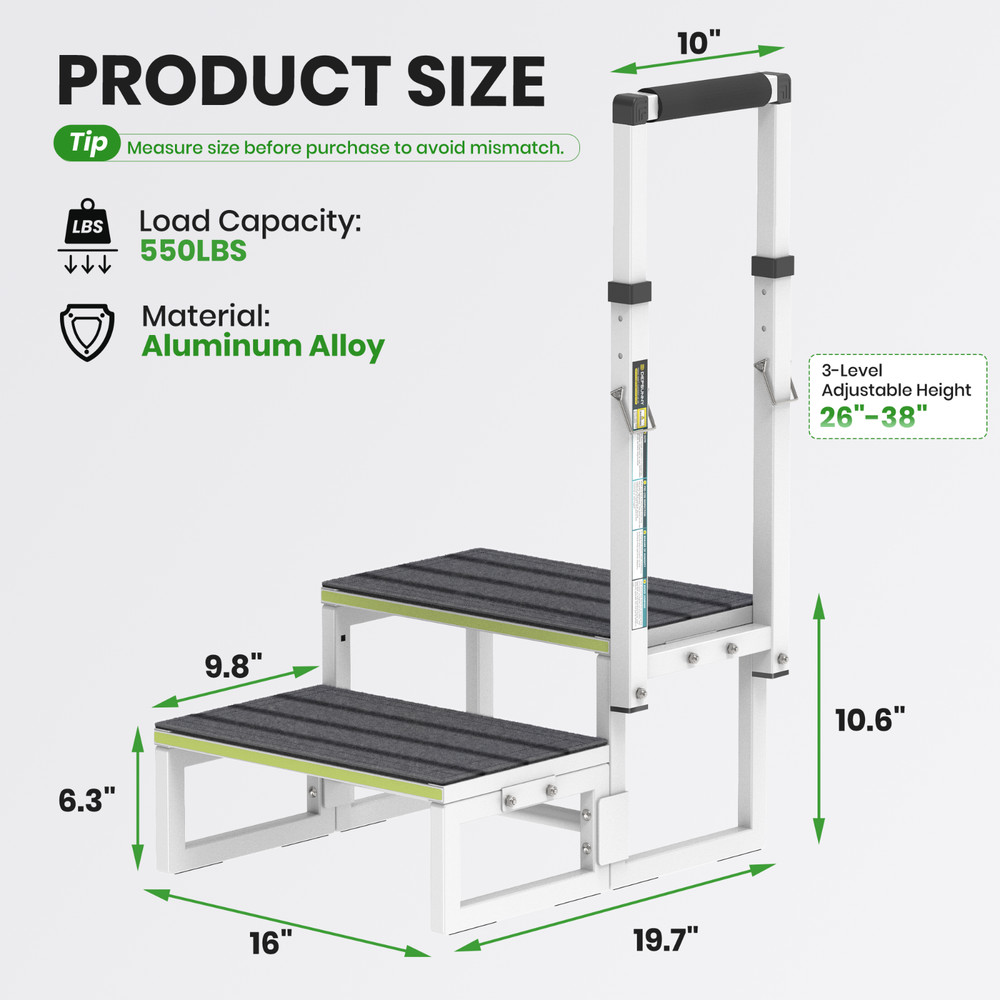 RV Steps with Handrail (26"-38"), Dual-Side Setup, Portable 2-Step RV Stairs