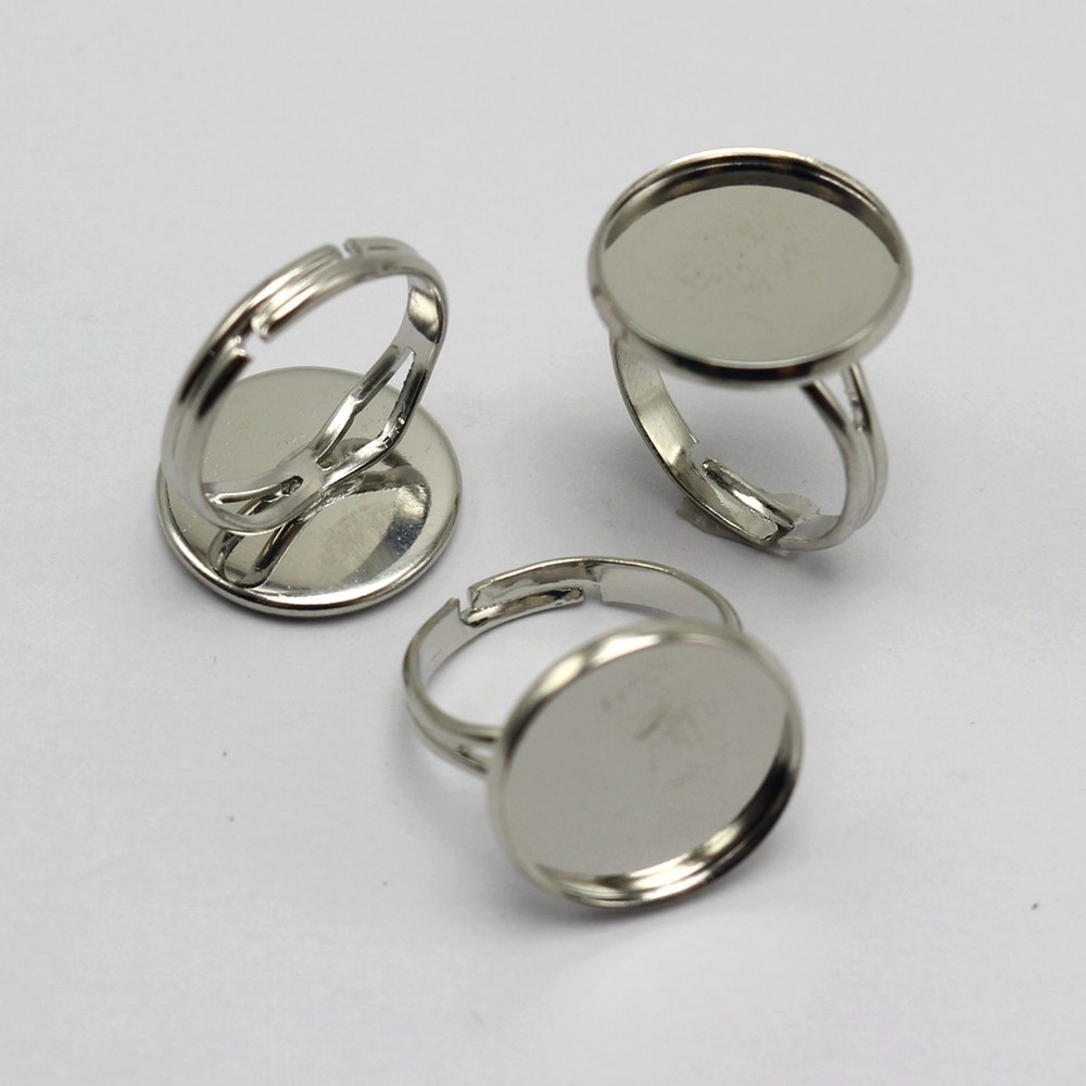 20 Silver Tone Adjustable Ring Round Blank Cabochon Pad Bezel Setting Cup 16mm
