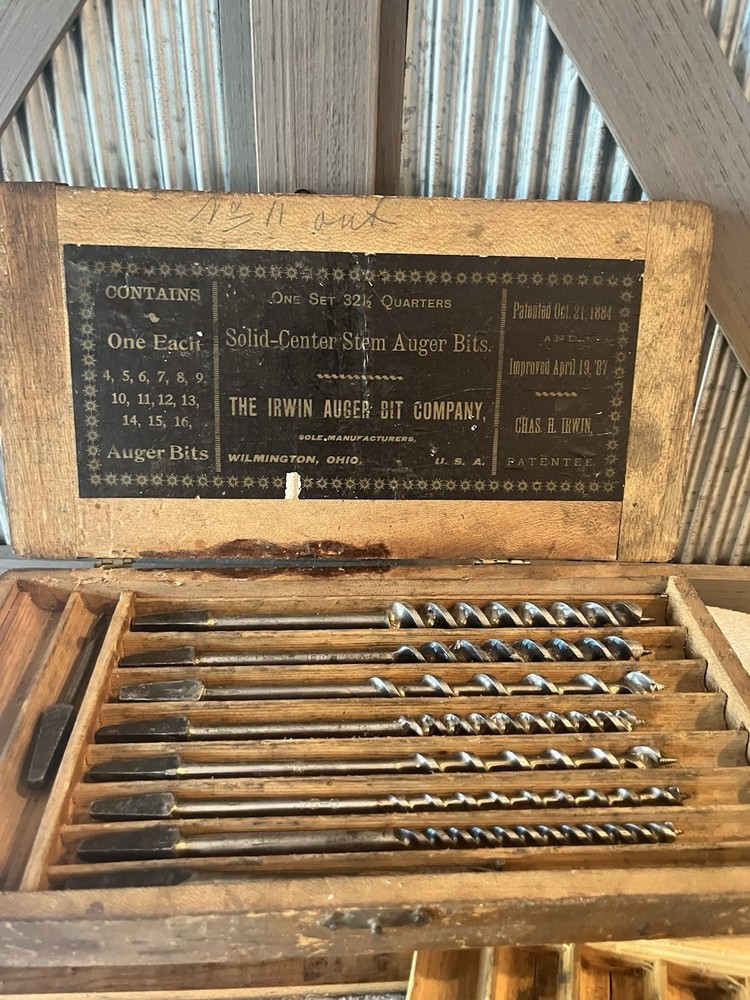 Set Vintage Irwin Brace Auger Drill Bits Tool Original Box. Nice Shape