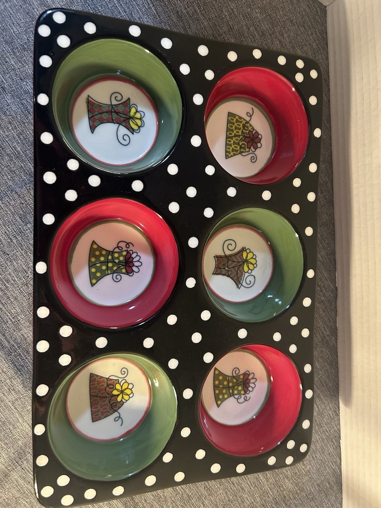 Pier 1 Ceramic Cupcake Pan Baking Dish Hand Painted Exclusive