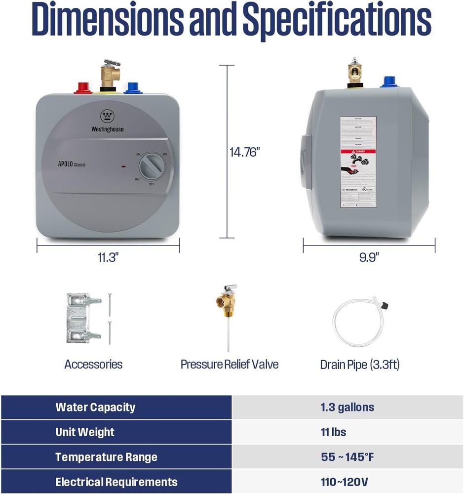 Westinghouse Electric Mini Tank Instant Hot Water Heater 1.3 Gal for Under Sink