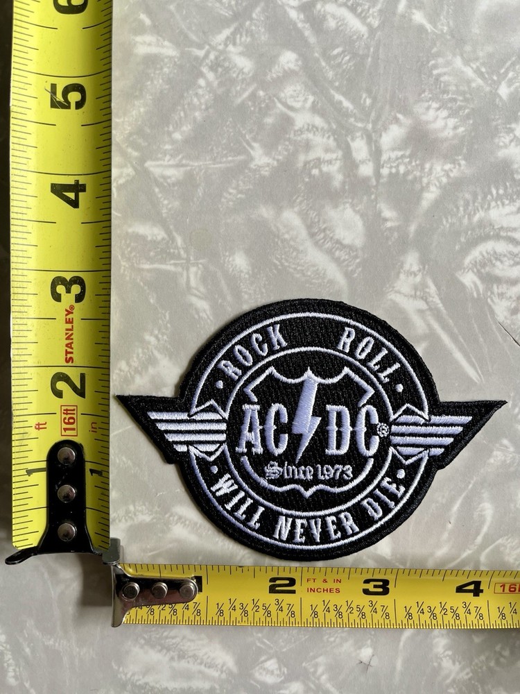 AC/DC Iron On Patch Rock And Roll Will Never Die White Black Embroidered Rock