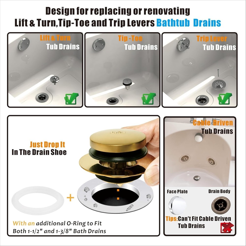 Elegant Brushed Gold Universal Bath Drain Stopper - Easy Installation & Coverage