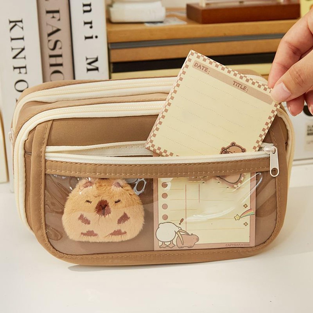 Cute Capybara Pencil Case, Kawaii Pouch Large Capacity Multi-layers, White