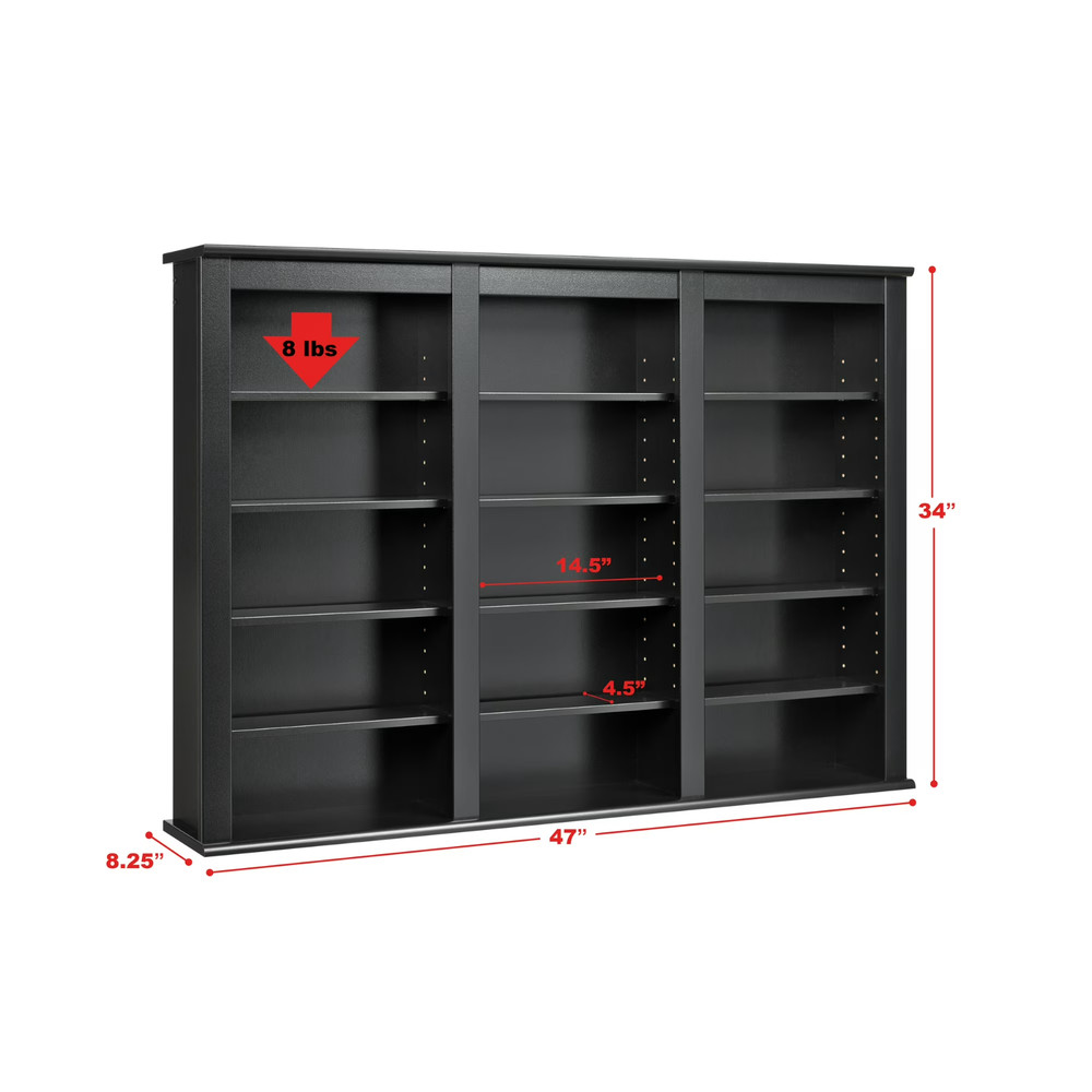 3-Column Display Black Cabinet CD DVD Storage with 12-Adjustable Shelves