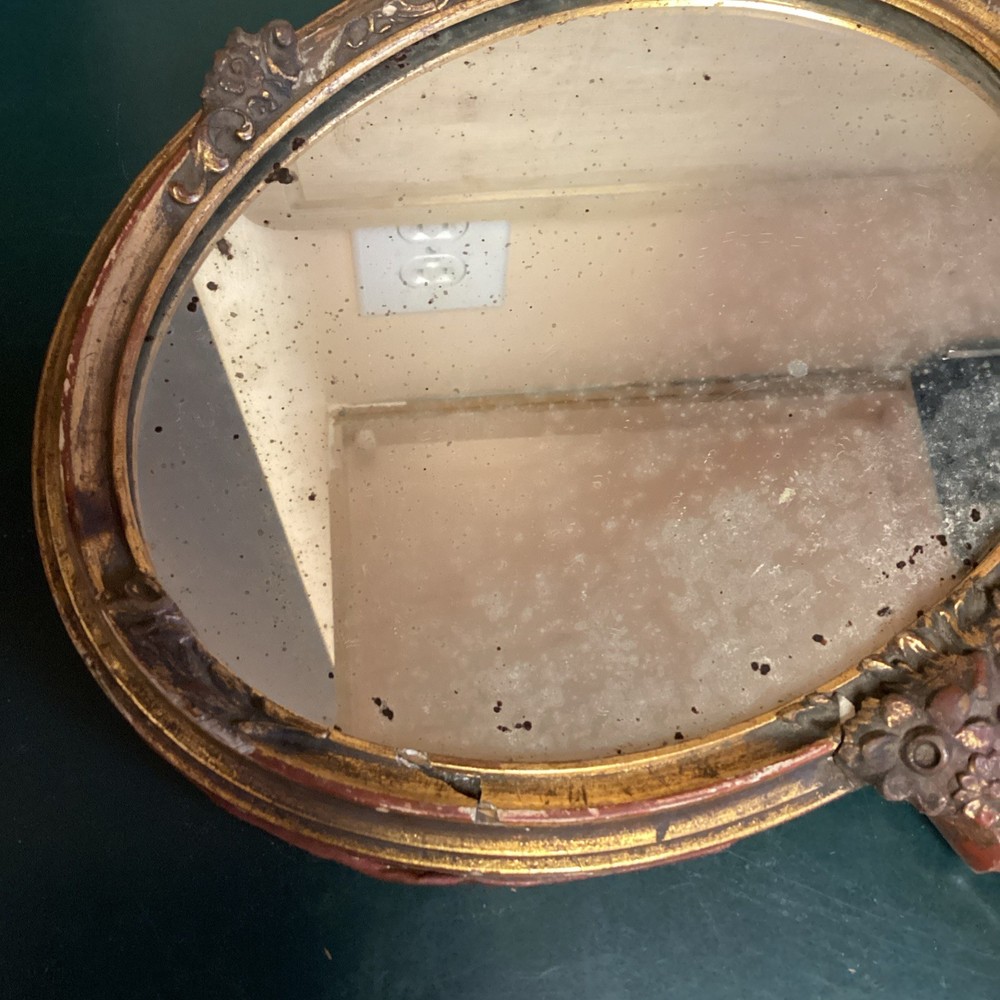 Vintage Victorian Large Oval Long Handle Mirror Plaster Frame Wood Handle